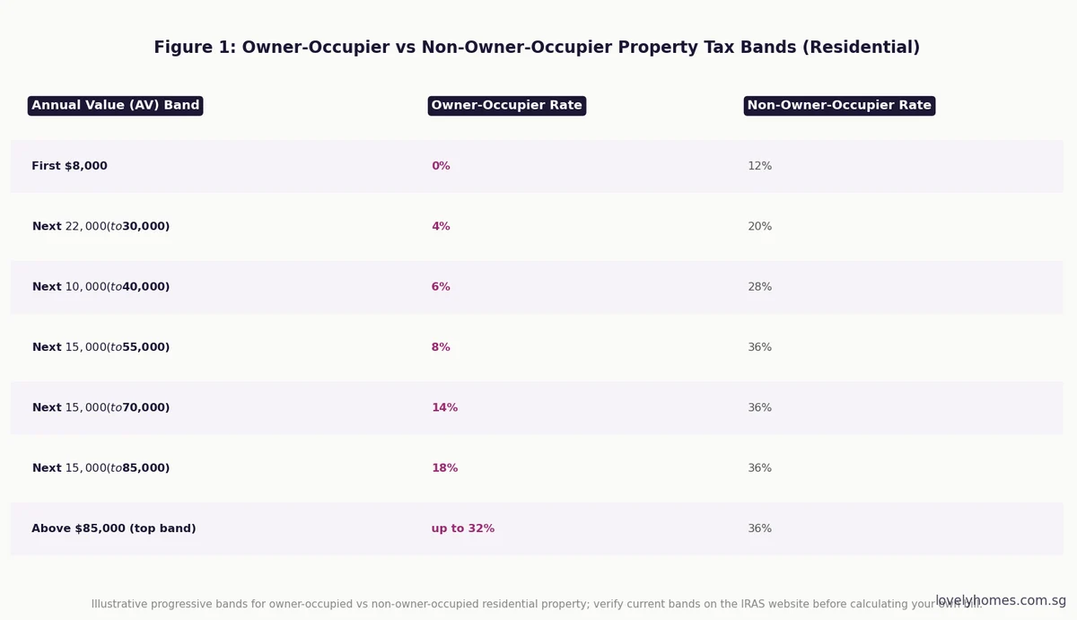 Owner-occupier versus non-owner-occupier property tax bands Singapore 2026