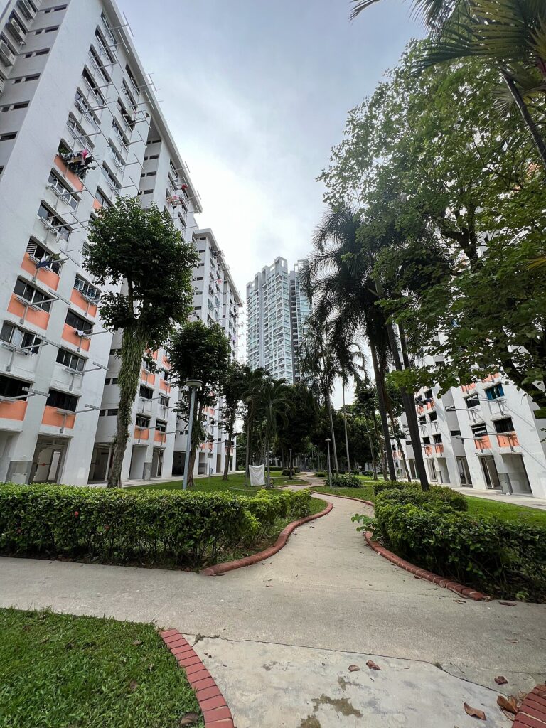 Tree-lined footpath between HDB blocks in Ang Mo Kio