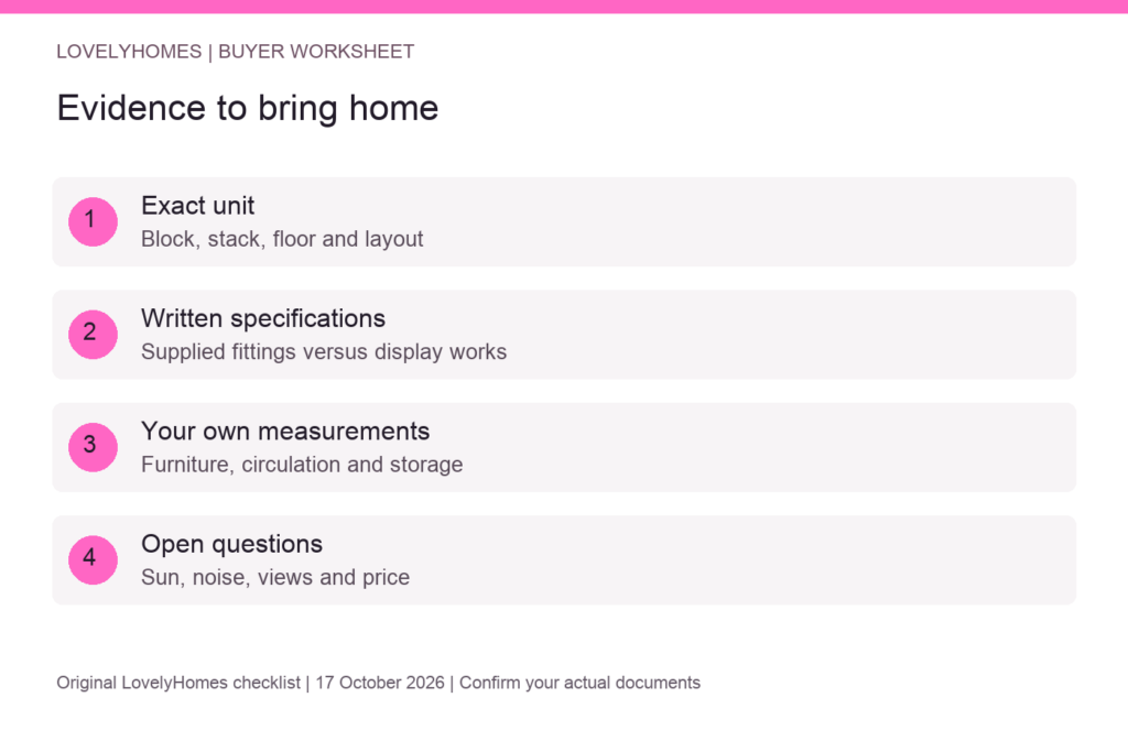 Showflat evidence checklist: exact unit, written specifications, measurements and open questions.