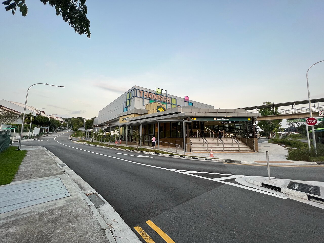 Upper Thomson MRT entrance with Thomson Plaza behind, photographed in July 2022.